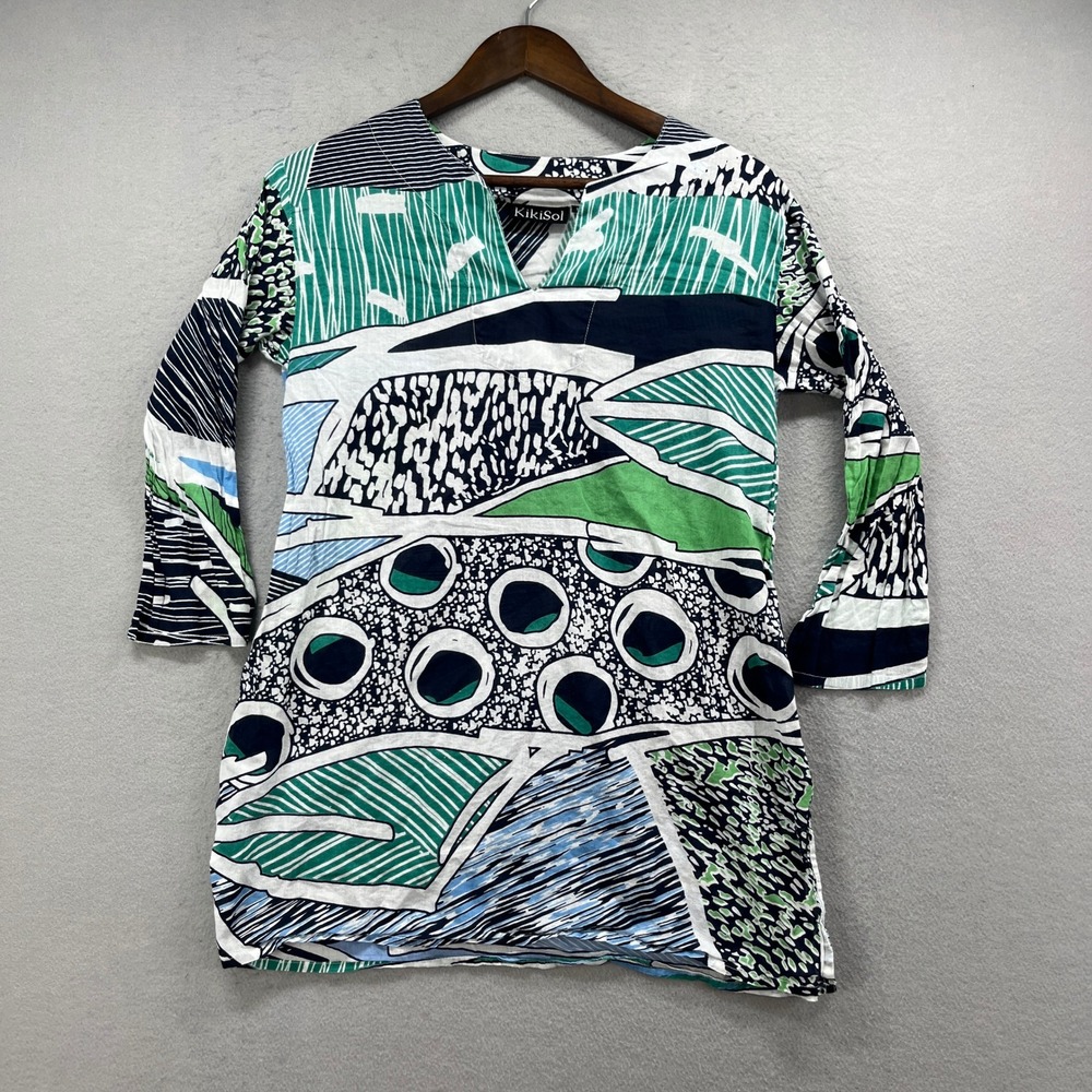 KikiSol Tunic Top Womens M Green Navy Abstract 3/4 Sleeve Boho Beach Resort